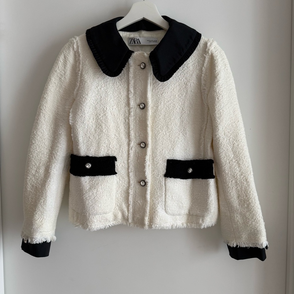 ZARA Tweed Set White Black Peter Pan Collar Jacket & Skirt Co-Ord
